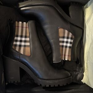Burberry Black Leather Chelsea Booties with Signature Check Panels